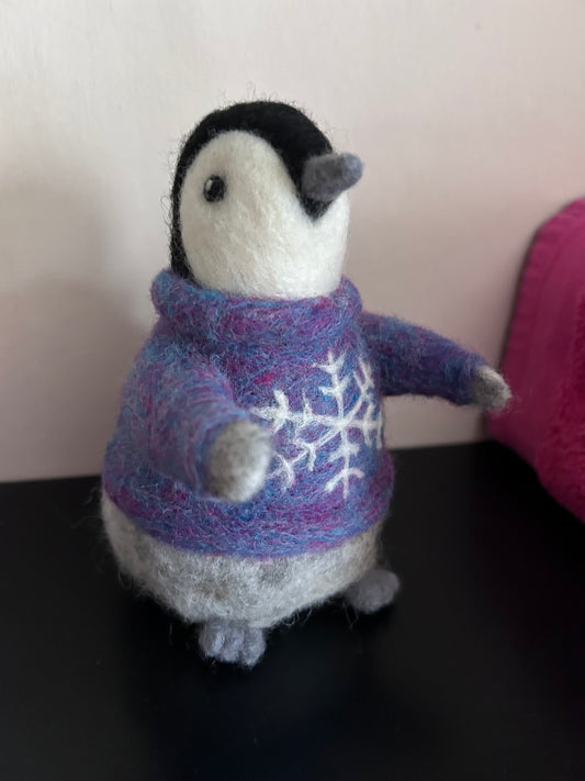 Needle Felted Penguin Sculpture with Christmas Jumper