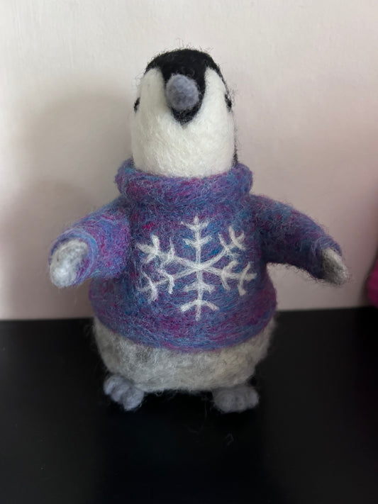 Needle Felted Penguin Sculpture with Christmas Jumper